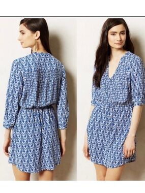 Anthropologie Maeve Galen Dress Geo-Print Blue White 3/4 Sleeves Small